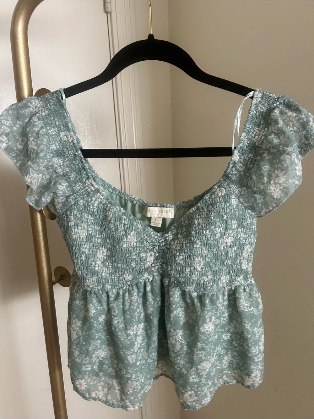 Thirty/Thirty Sage Green Floral Smocked Babydoll Top Cottagecore Size L